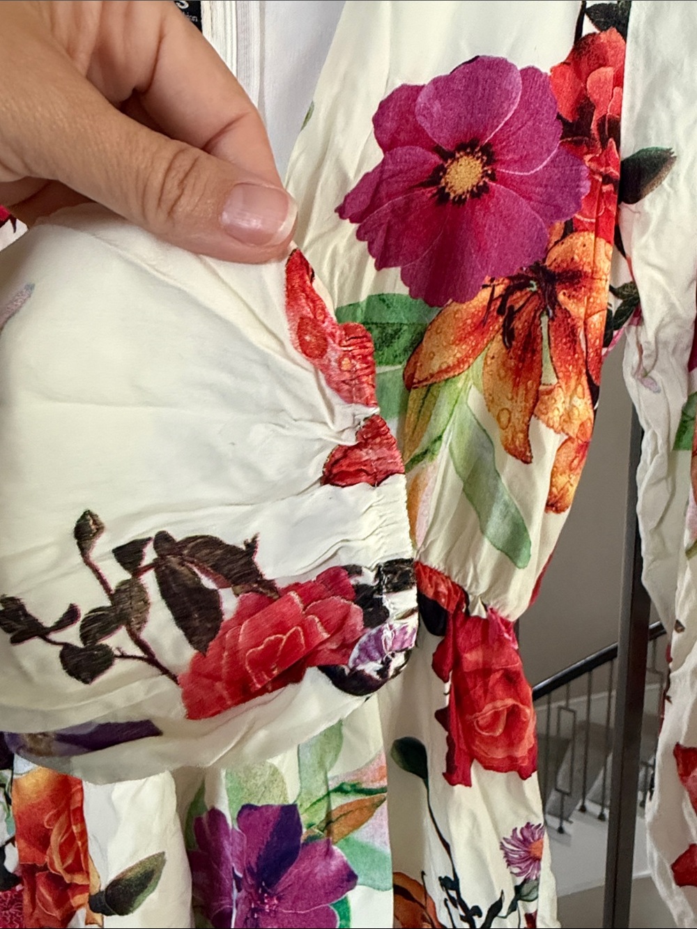 Cream V-Neck Dress with Red, Pink and Orange Floral Print - Picture 3 of 8